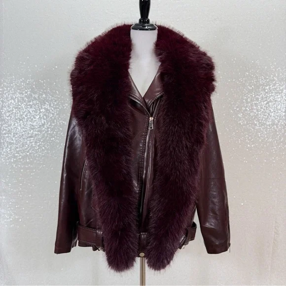 Azalea Wang Aurelia Faux Leather Moto Jacket XL Burgundy Faux Fur Collar NWT - Picture 6 of 16
